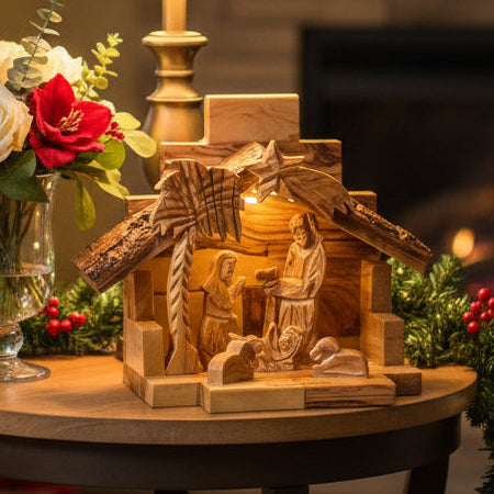 Olive wood nativity scene hand carved in Bethlehem, 4.5 inch front view of the olive wood masterpiece