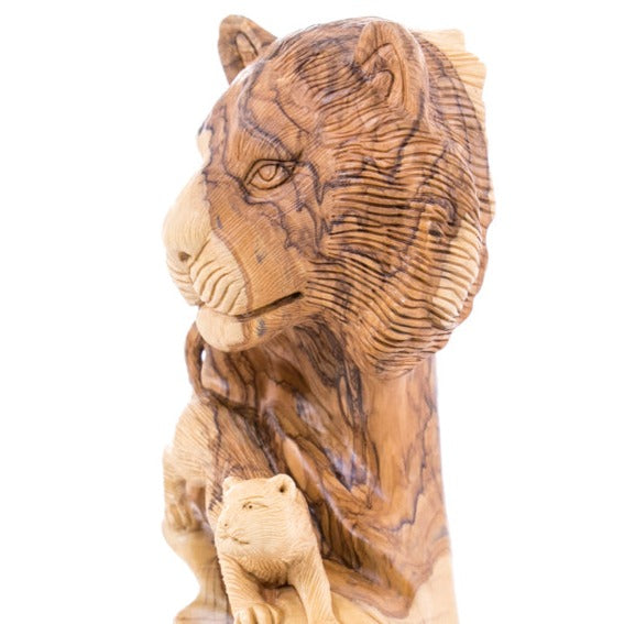 Lion and Cub Wooden Sculpture, 9.6" Hand Carved in Holy Land
