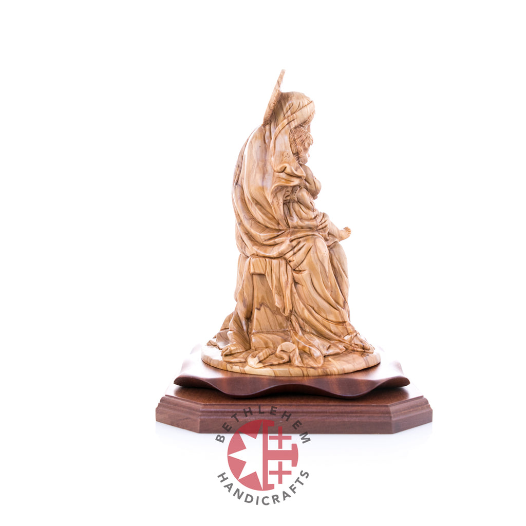 Virgin Mary olive wood statue from Bethlehem hand carved, 11 inch three quarter view of the religious piece