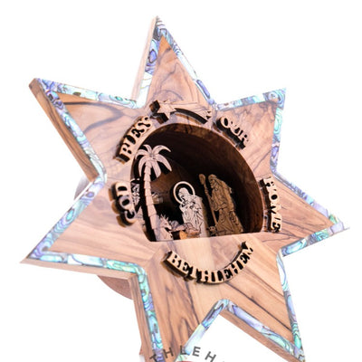 Nativity Scene, Star Shaped with Mother of Pearl, 9.6" with "God Bless Our Home"