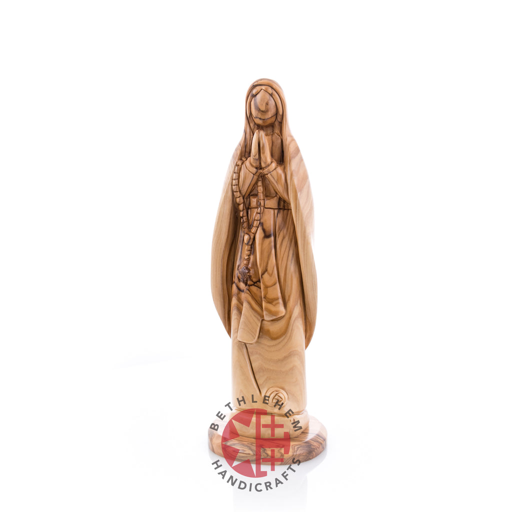 Our Lady of Lourdes olive wood statue from Bethlehem hand carved, 8.7 inch side angle of the olive wood sculpture