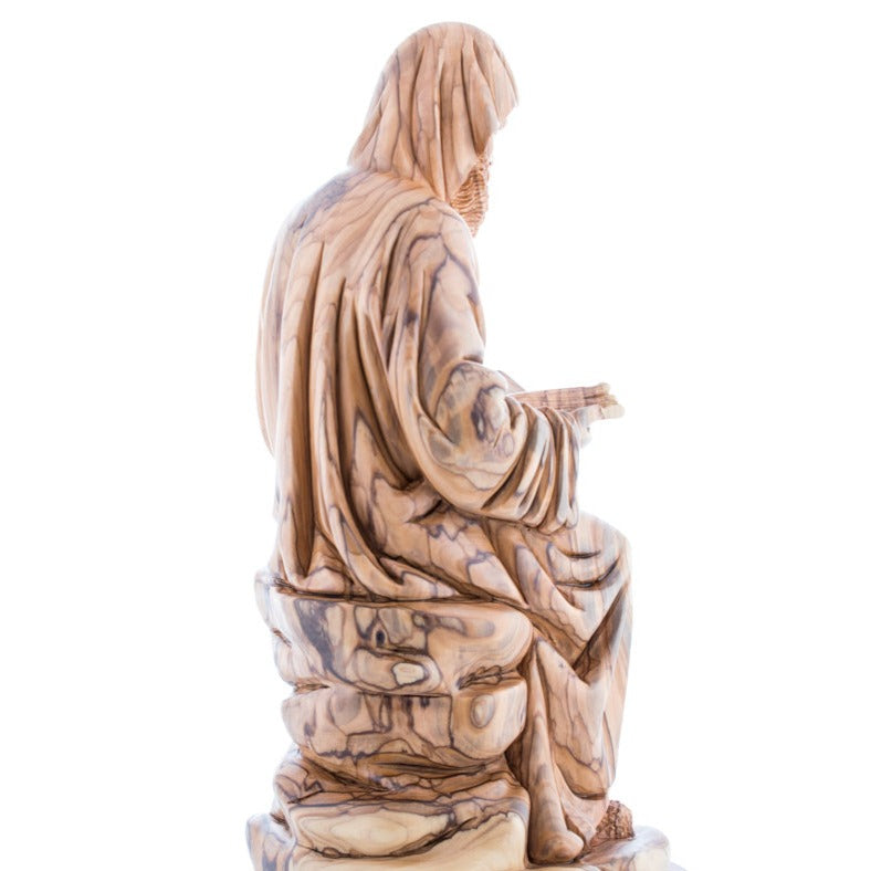 Carved Olive Wood Sitting Saint Charbel Statue - Statuettes - Bethlehem Handicrafts