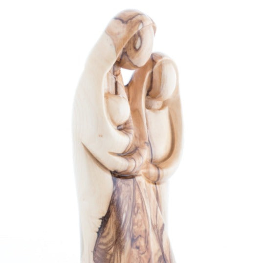 Holy Family olive wood statue hand carved in Bethlehem, 7.2 inch close detail of the hand carved work