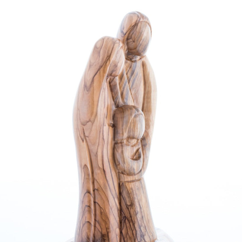 Holy Family olive wood statue hand carved in Bethlehem, 7.4 inch three quarter view of the religious piece