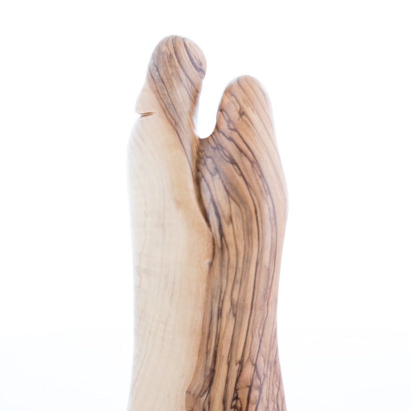 Holy Family olive wood statue hand carved in Bethlehem, 7.4 inch close detail of the hand carved work