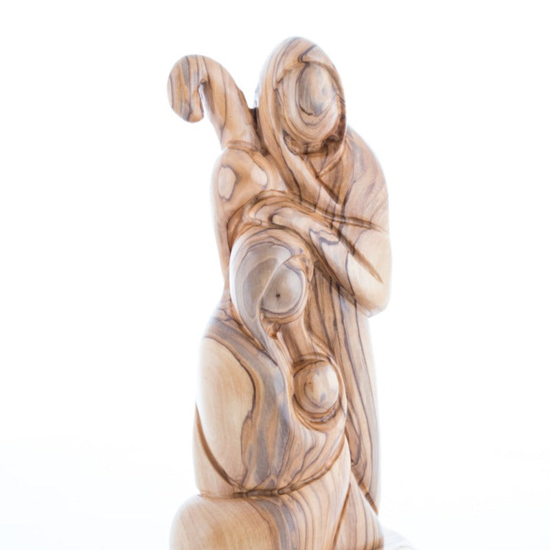 Holy Family olive wood statue hand carved in Bethlehem, 8.1 inch three quarter view of the religious piece