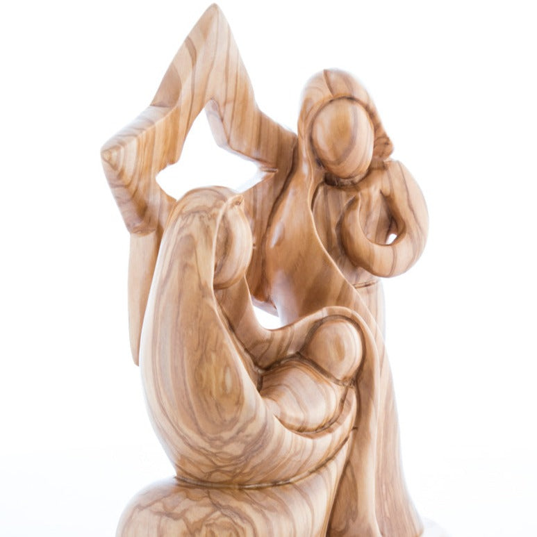 Abstract Olive Wood Holy Family Sculpture with the Nativity Star - Statuettes - Bethlehem Handicrafts