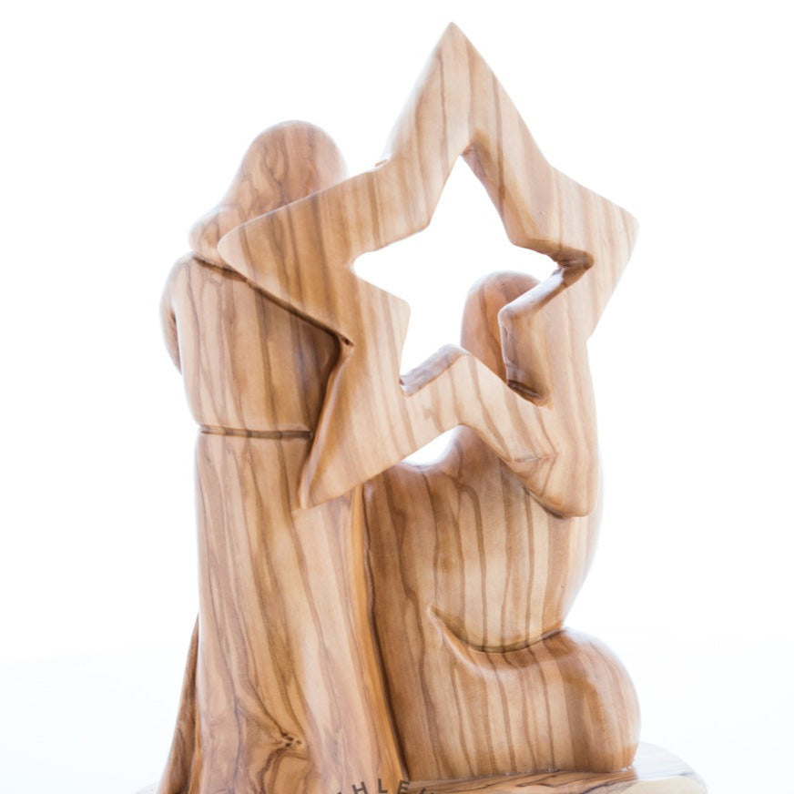 Abstract Olive Wood Holy Family Sculpture with the Nativity Star - Statuettes - Bethlehem Handicrafts
