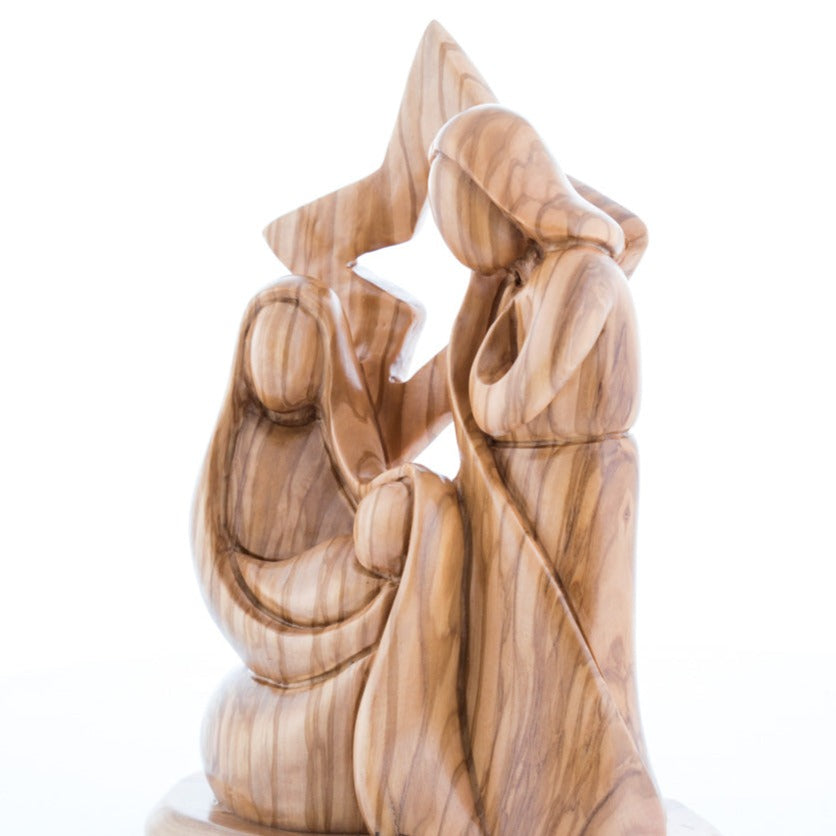 Abstract Olive Wood Holy Family Sculpture with the Nativity Star - Statuettes - Bethlehem Handicrafts