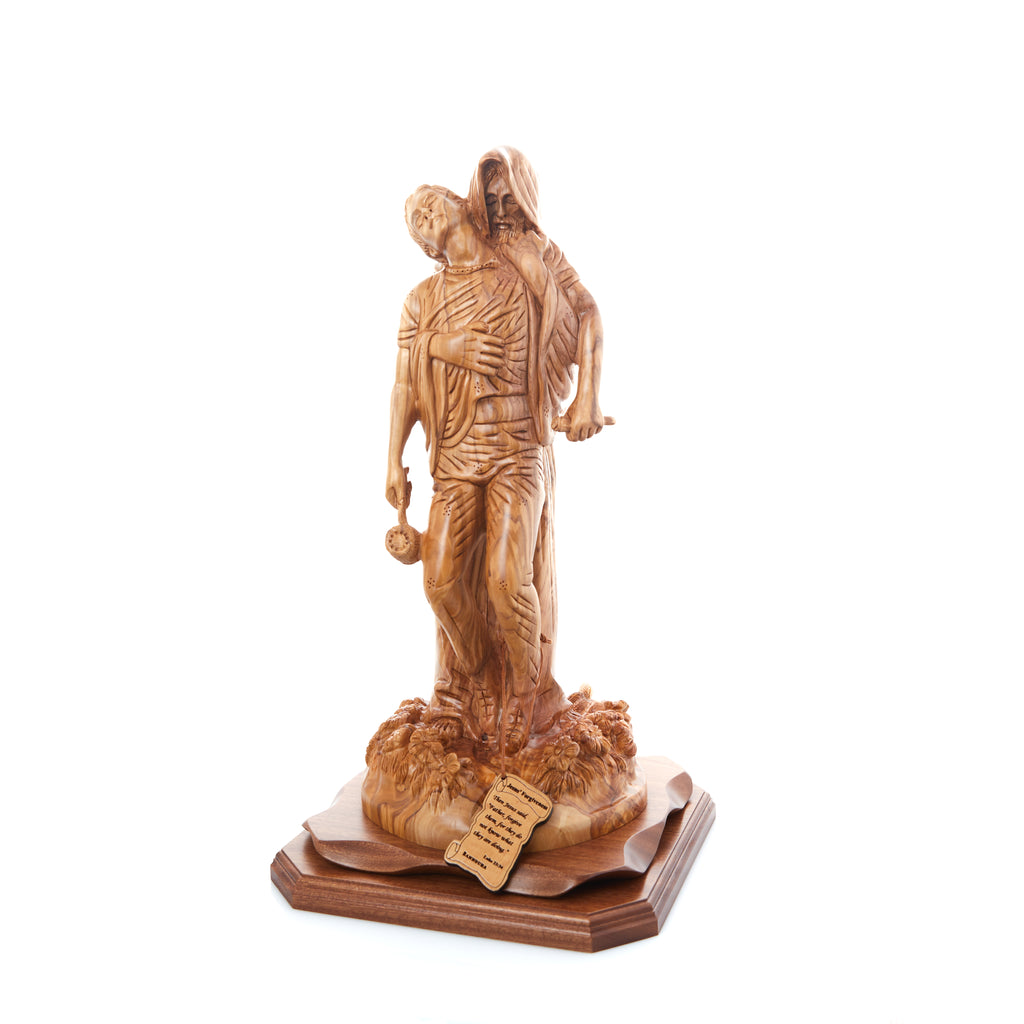 Jesus Christ statue hand carved from Bethlehem olive wood, 19.3 inch lifestyle photo on display