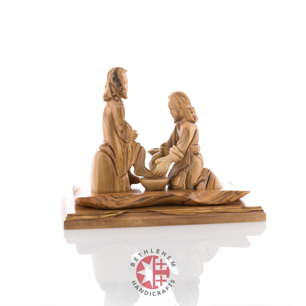Jesus Christ statue hand carved from Bethlehem olive wood, 7.5 inch lifestyle photo on display