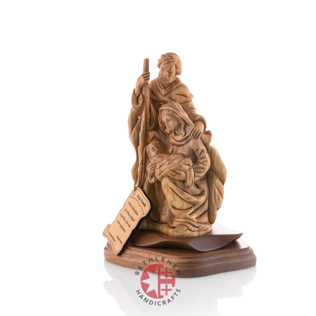 Olive wood nativity scene hand carved in Bethlehem, 9 inch three quarter view of the religious piece
