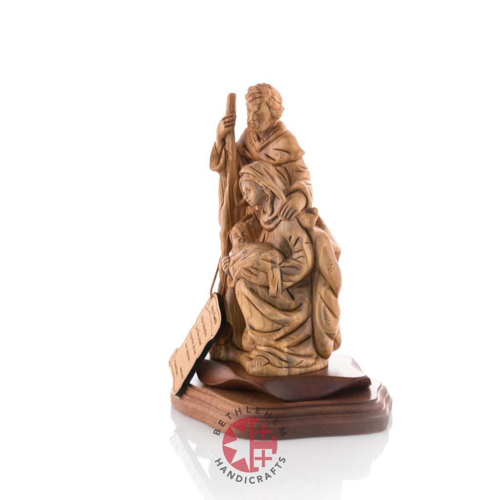 Olive wood nativity scene hand carved in Bethlehem, 9 inch close detail of the hand carved work