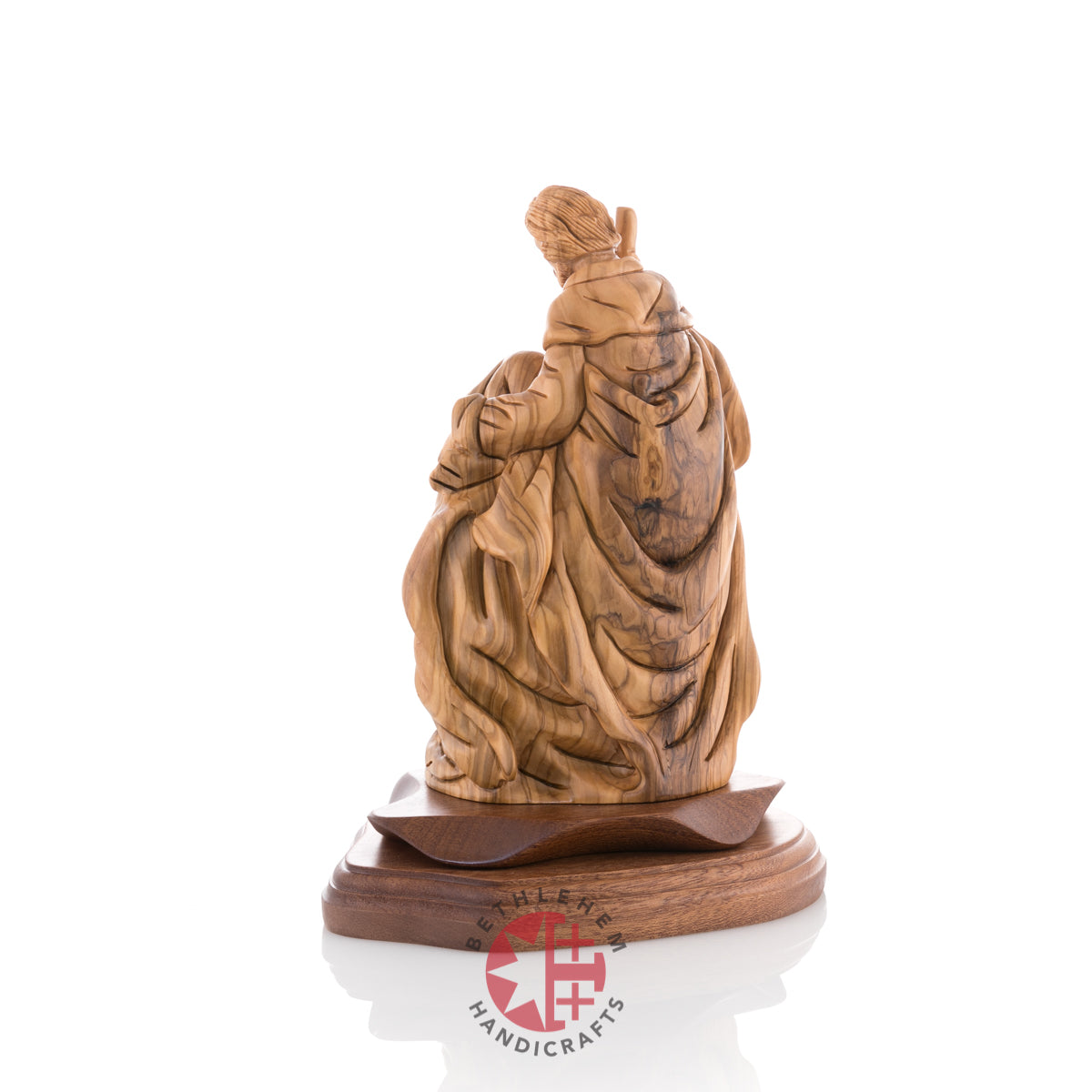 Olive wood nativity scene hand carved in Bethlehem, 9 inch close up showing the olive wood grain