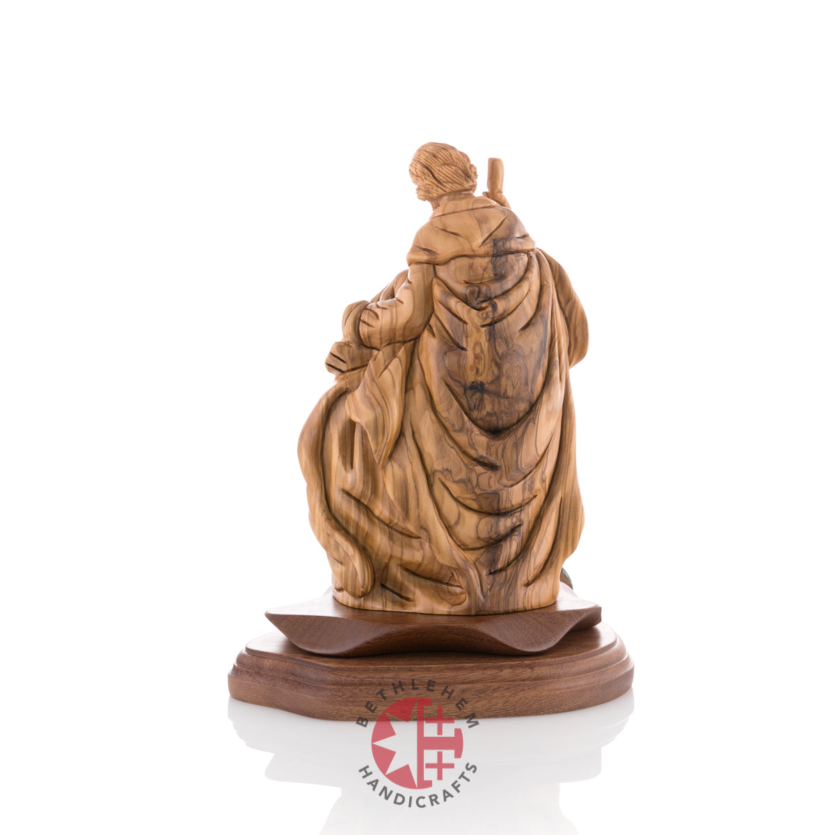 Olive wood nativity scene hand carved in Bethlehem, 9 inch opposite side angle of the religious sculpture