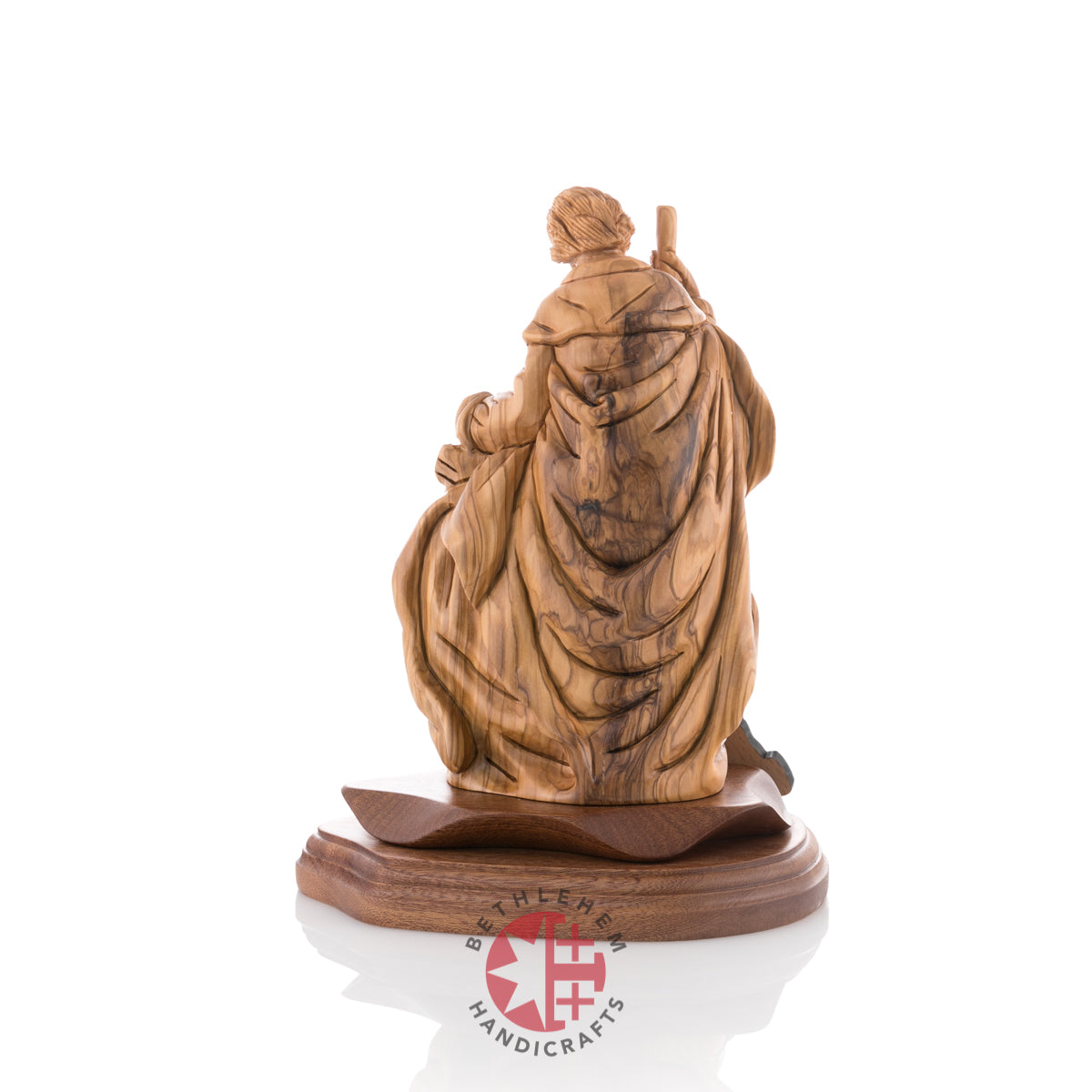 Olive wood nativity scene hand carved in Bethlehem, 9 inch detail of the carved base