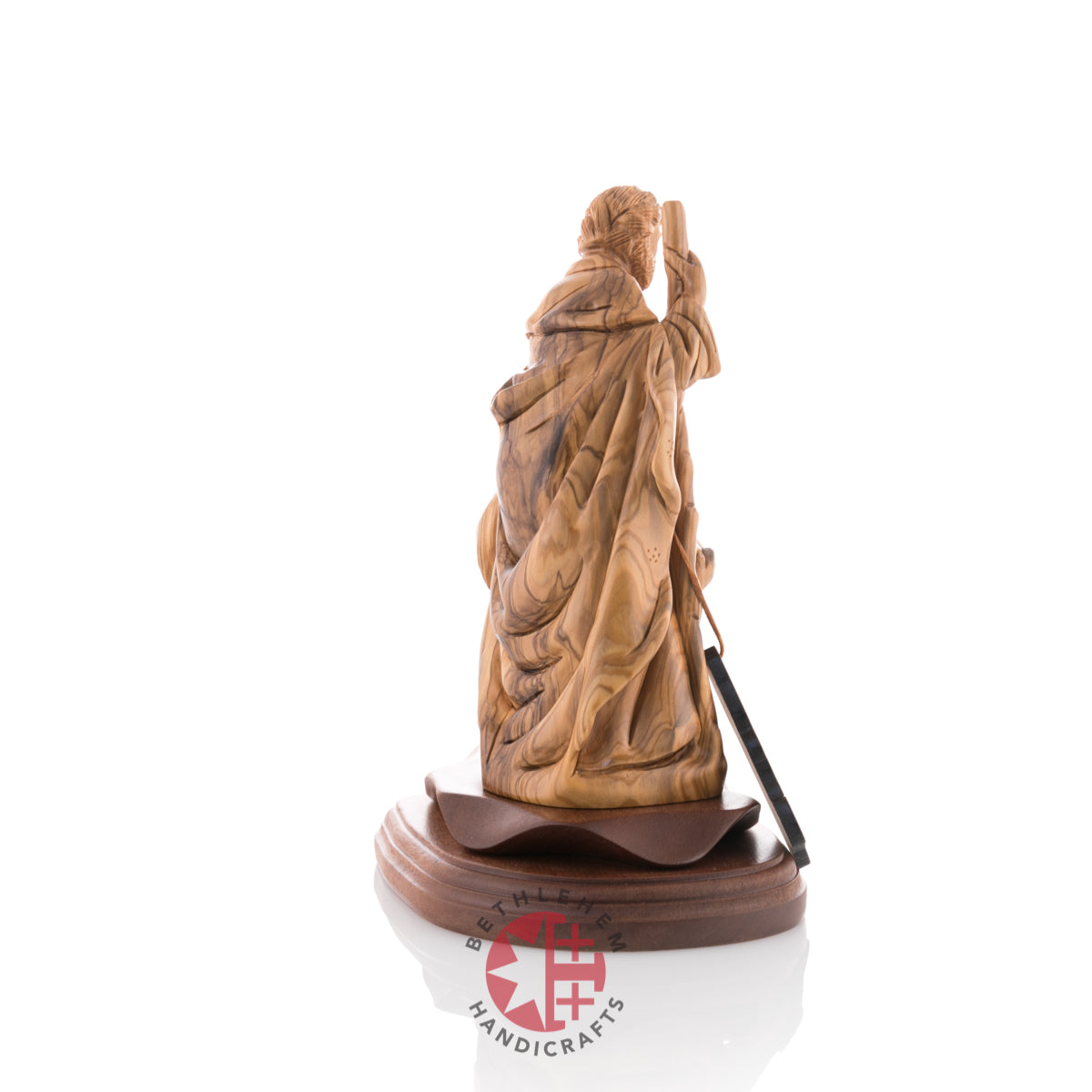 Olive wood nativity scene hand carved in Bethlehem, 9 inch side view detail of the carved drapery