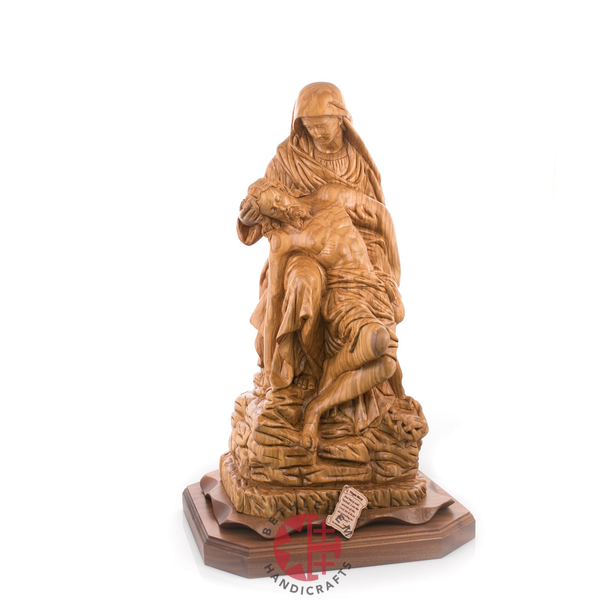 Contemplative Pieta Statue 26.4", Very Large Olive Wood Carving Statue from Bethlehem
