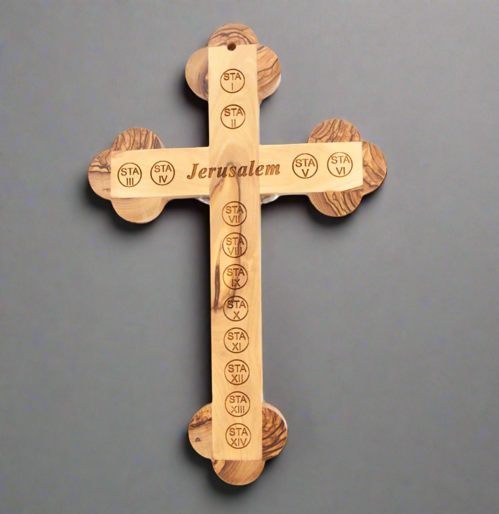 Budded Cross Crucifix with 14 Stations Engraved on Back From Jerusalem Holy Land Olive Wood 
