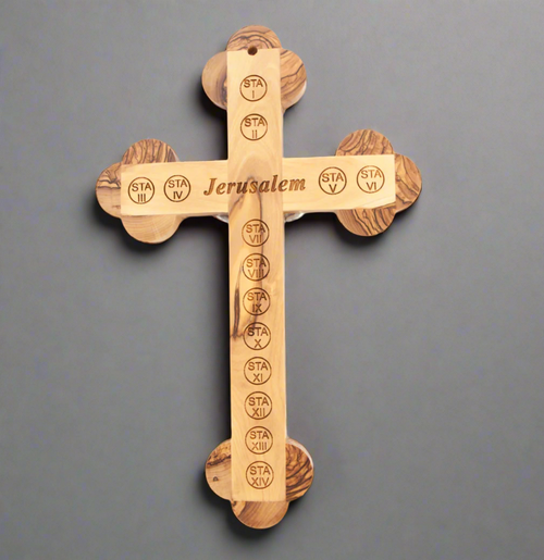 Olive wood crucifix hand carved in Bethlehem, 11 inch side angle of the olive wood sculpture
