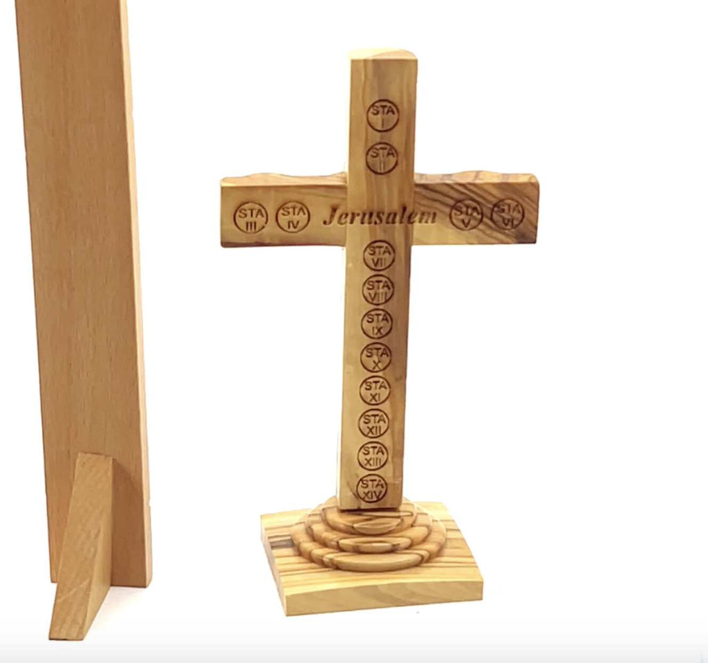 Standing Crucifix, 7.3", Holy Land Olive Wood with Soil in Glass Capsule