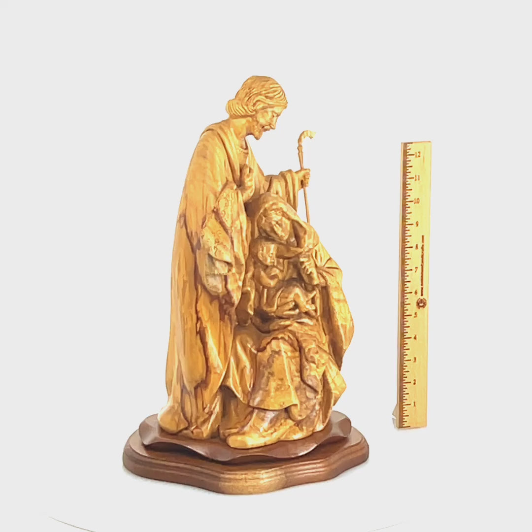 Nativity Scene Sculpture with Holy Family Holding Baby Jesus Christ, 16" Carving Masterpiece from Holy Land Olive Wood, Made in Bethlehem