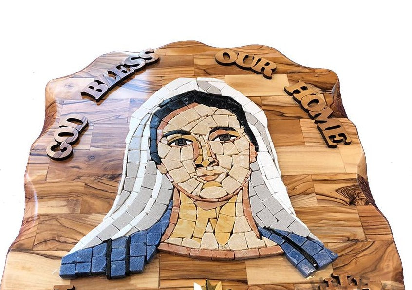 Virgin Mary Stone Mosaic on Olive Wood Plaque - Statuettes - Bethlehem Handicrafts
