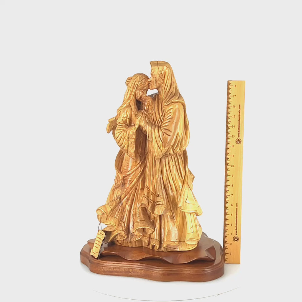 Adoring Holy Family Jesus Christ with St. Joseph and Mary Masterpiece, 13.8" Made from Olive Wood Carved Sculpture from the Holy Land
