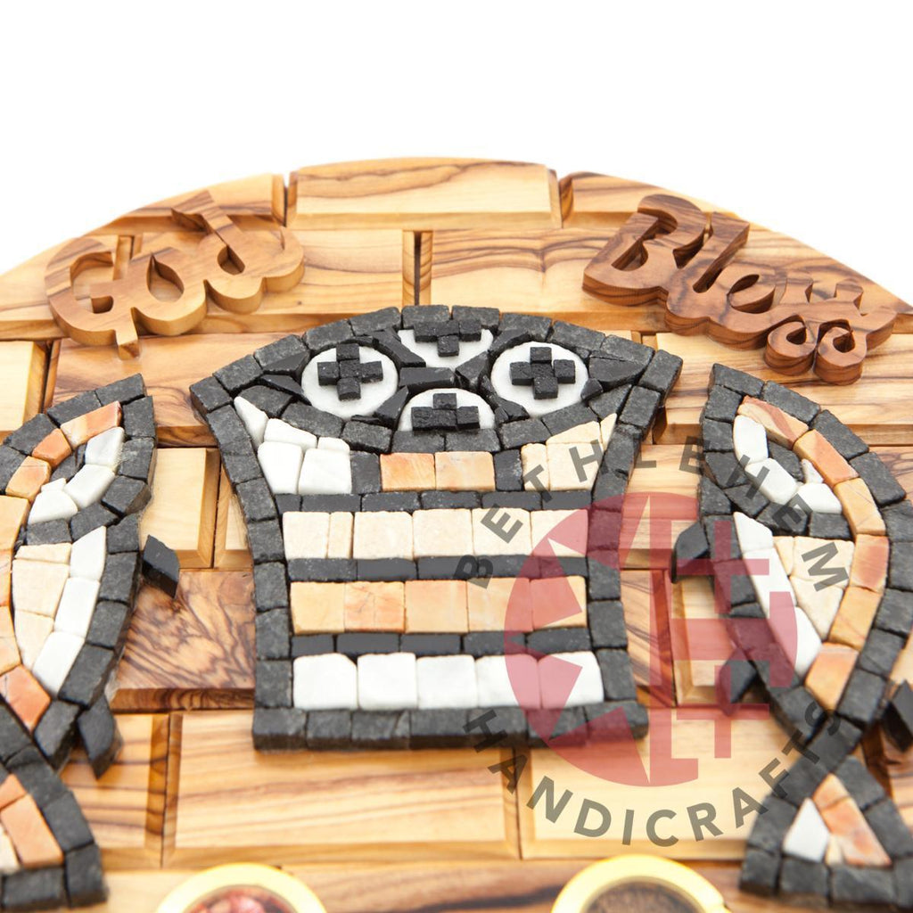 religious mosaic wall art hand made in Bethlehem, 10.6 inch side angle of the olive wood sculpture