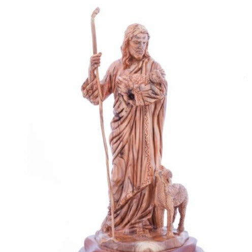 Good Shepherd statue hand carved from Bethlehem olive wood, 12.6 inch close up showing the olive wood grain