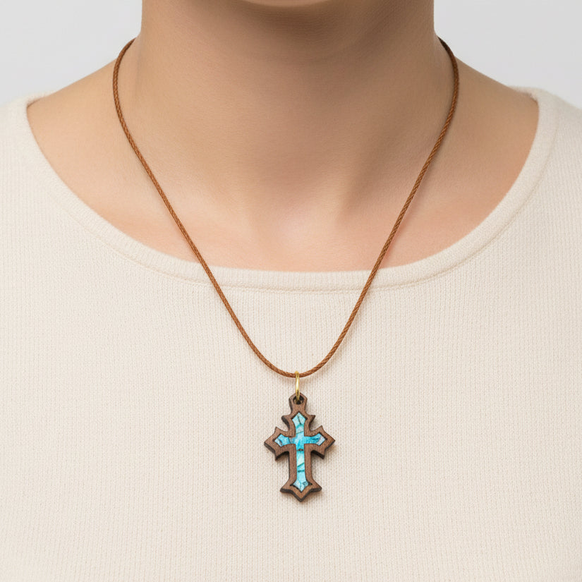 religious mother of pearl religious gift from Bethlehem, front view of the olive wood masterpiece
