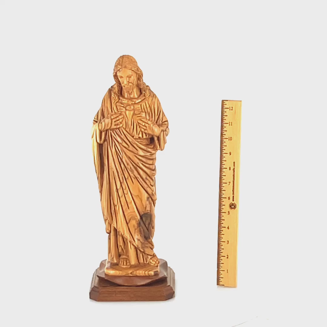 “Sacred Heart of Jesus” Sculpture, 16.1" Carved Olive Wooden Masterepiece