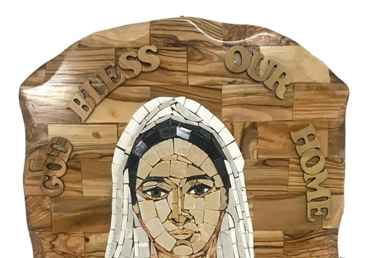 Virgin Mary Stone Mosaic on Olive Wood Plaque - Statuettes - Bethlehem Handicrafts