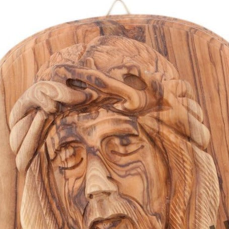 Jesus Christ statue hand carved from Bethlehem olive wood, 7.5 inch side angle of the olive wood sculpture