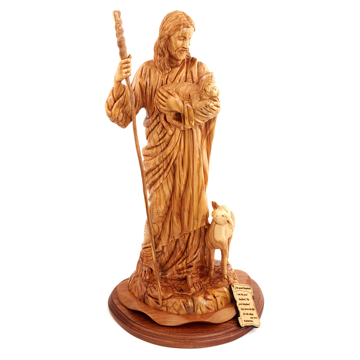Good Shepherd statue hand carved from Bethlehem olive wood, 18.5 inch natural light photo of the piece