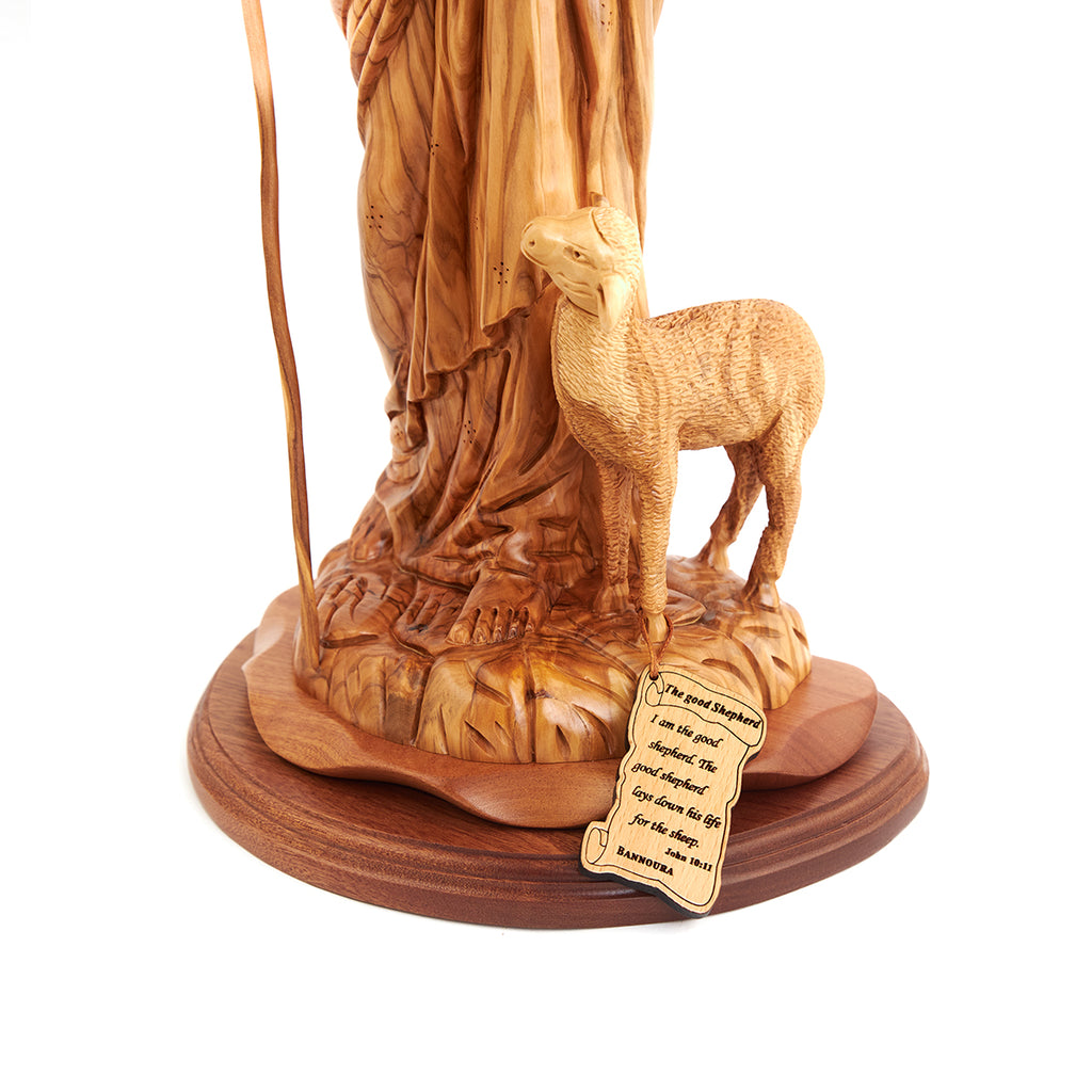 Good Shepherd statue hand carved from Bethlehem olive wood, 18.5 inch close up showing the wood grain