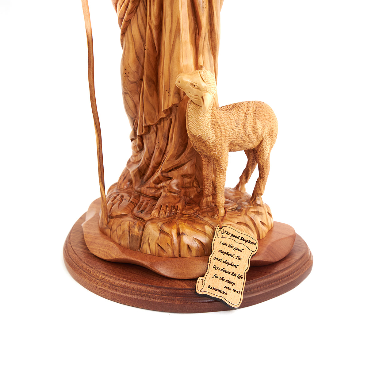 Good Shepherd statue hand carved from Bethlehem olive wood, 18.5 inch close up showing the wood grain