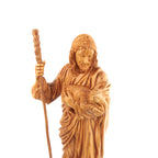 Good Shepherd statue hand carved from Bethlehem olive wood, 18.5 inch top angle showing detail of the craftsmanship