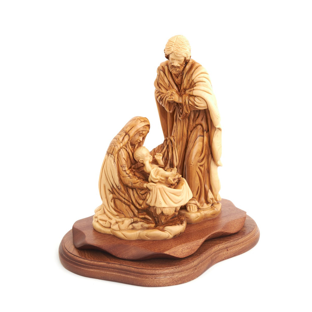 Olive wood nativity scene hand carved in Bethlehem, 11.8 inch close detail of the hand carved work