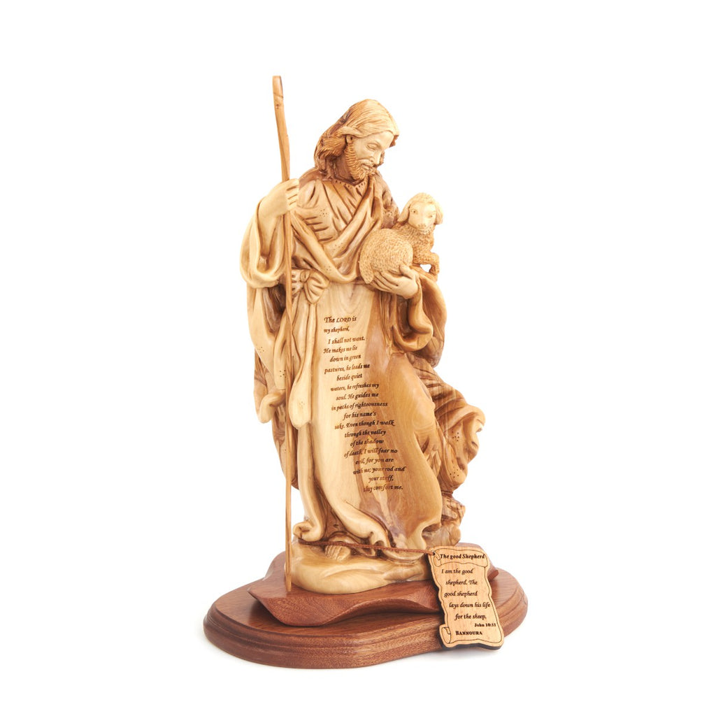 Good Shepherd statue hand carved from Bethlehem olive wood, 9.8 inch three quarter view of the religious piece