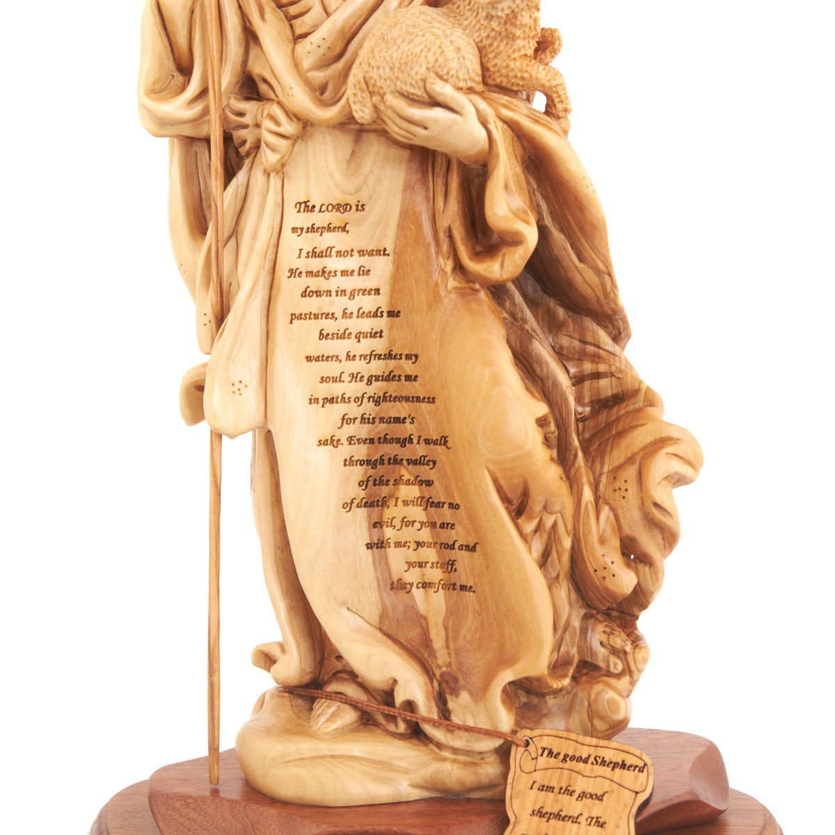 Good Shepherd statue hand carved from Bethlehem olive wood, 9.8 inch close detail of the hand carved work