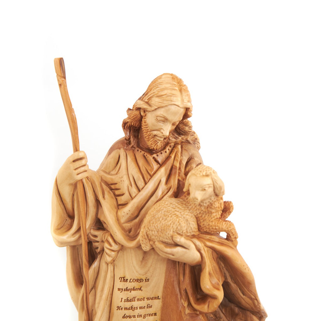 Good Shepherd statue hand carved from Bethlehem olive wood, 9.8 inch back view of the olive wood sculpture