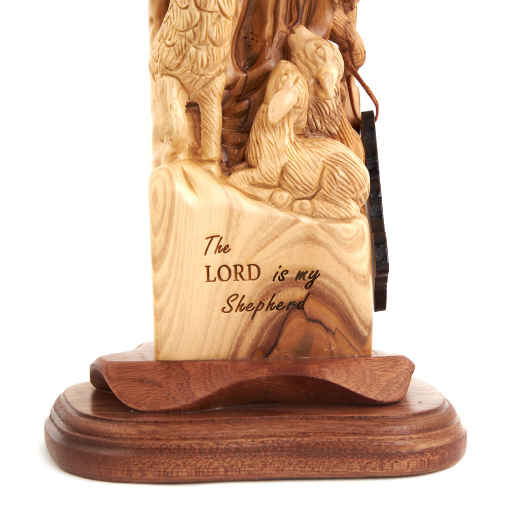 Jesus Christ statue hand carved from Bethlehem olive wood, 13.6 inch three quarter view of the religious piece