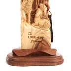 Jesus Christ statue hand carved from Bethlehem olive wood, 13.6 inch three quarter view of the religious piece