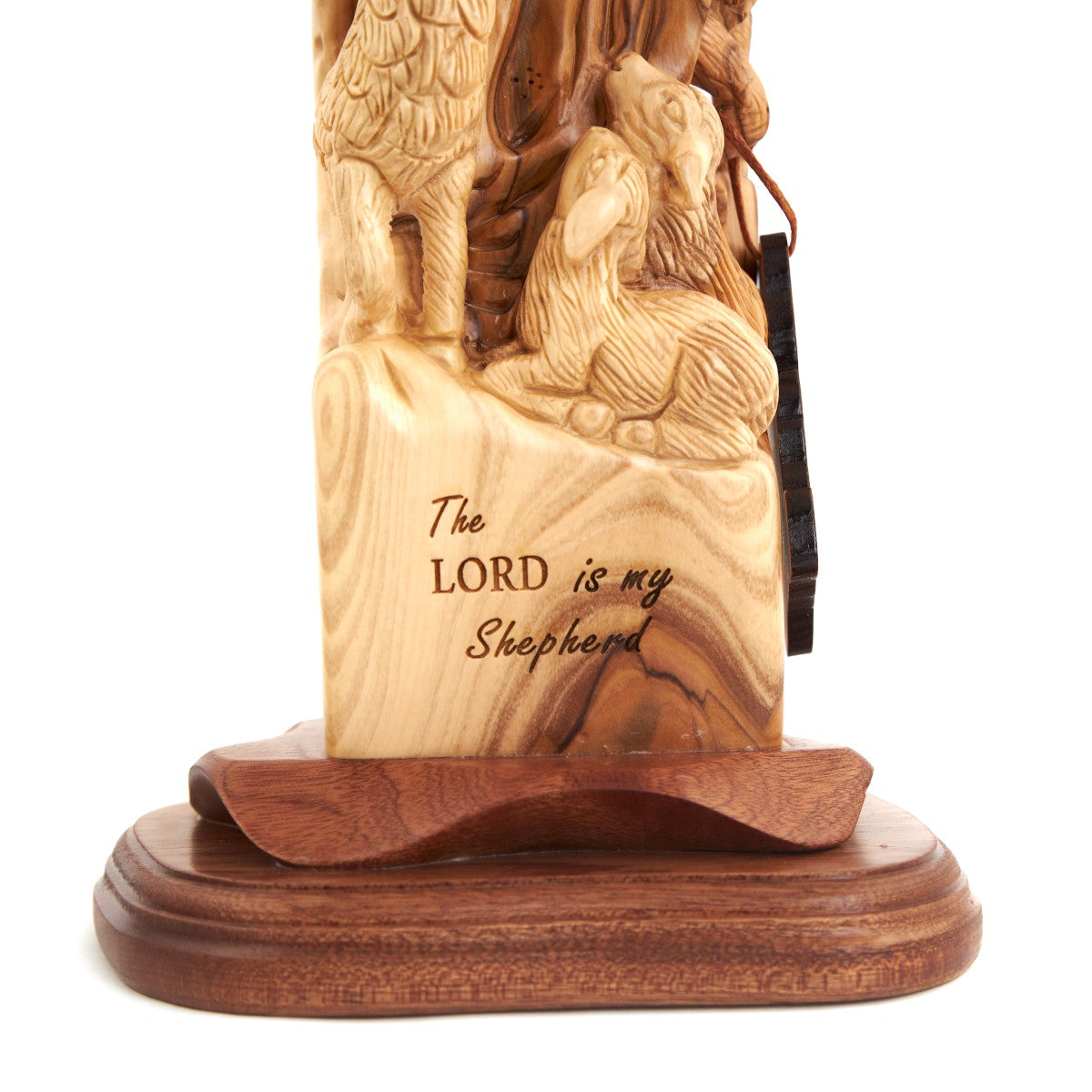 Jesus Christ statue hand carved from Bethlehem olive wood, 13.6 inch three quarter view of the religious piece