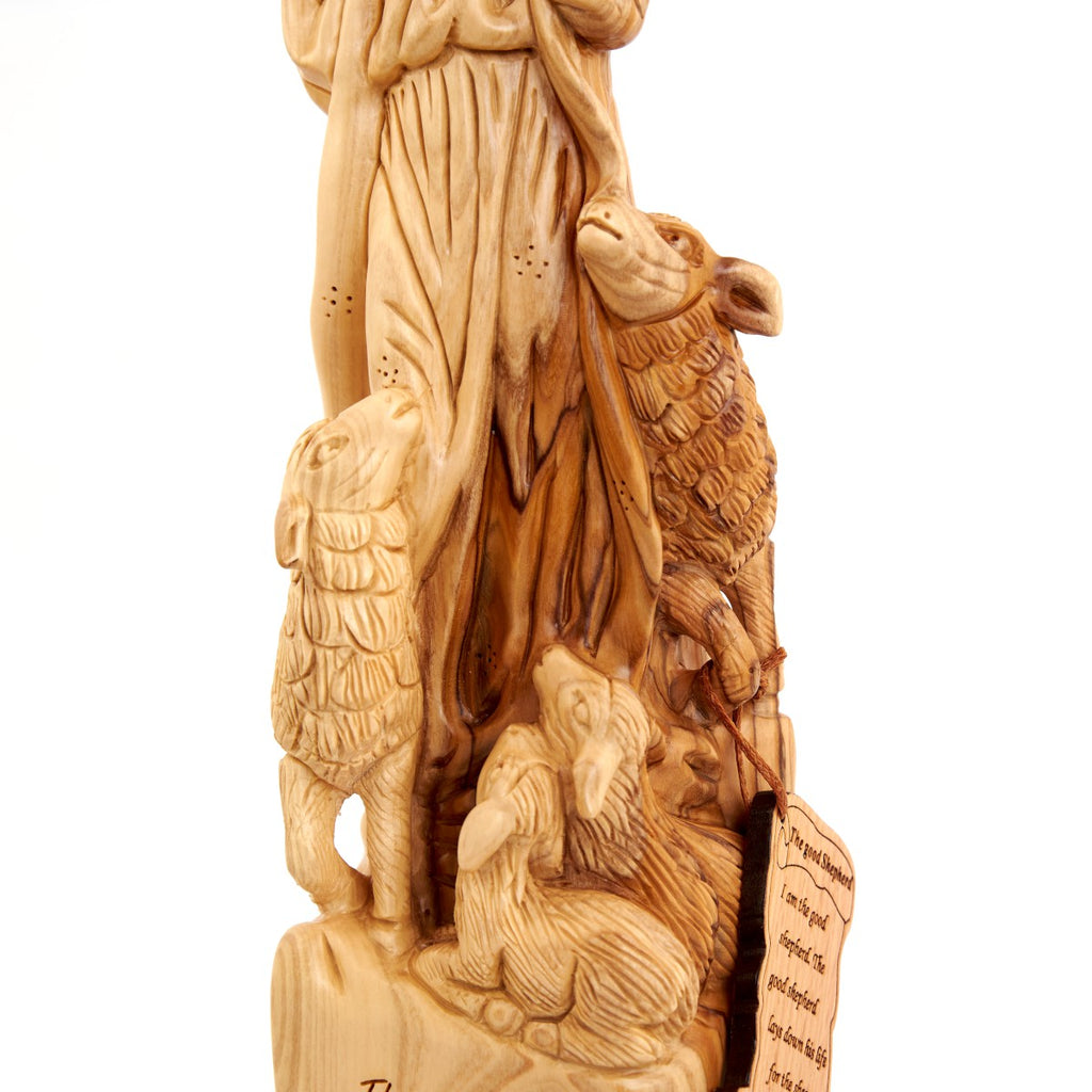 Jesus Christ statue hand carved from Bethlehem olive wood, 13.6 inch back view of the olive wood sculpture