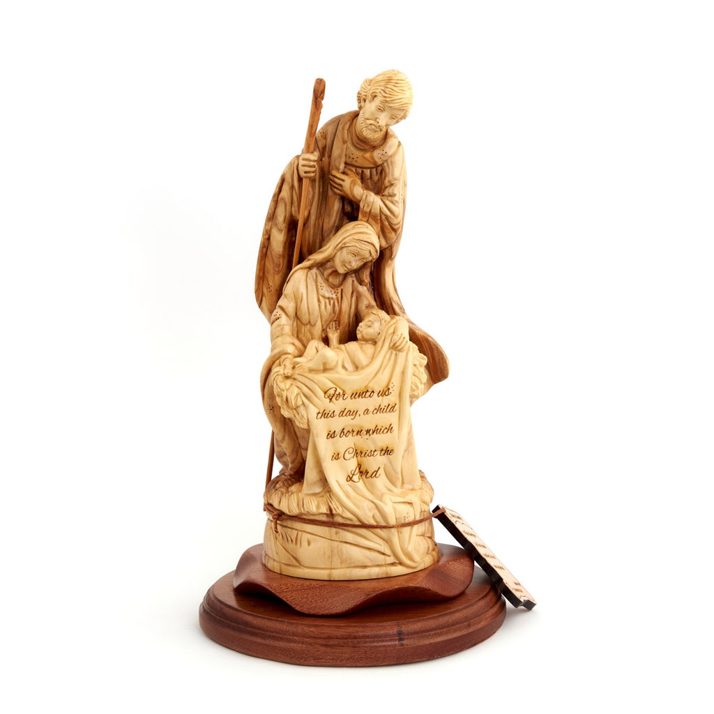 Olive wood nativity scene hand carved in Bethlehem, 11.4 inch side angle of the olive wood sculpture