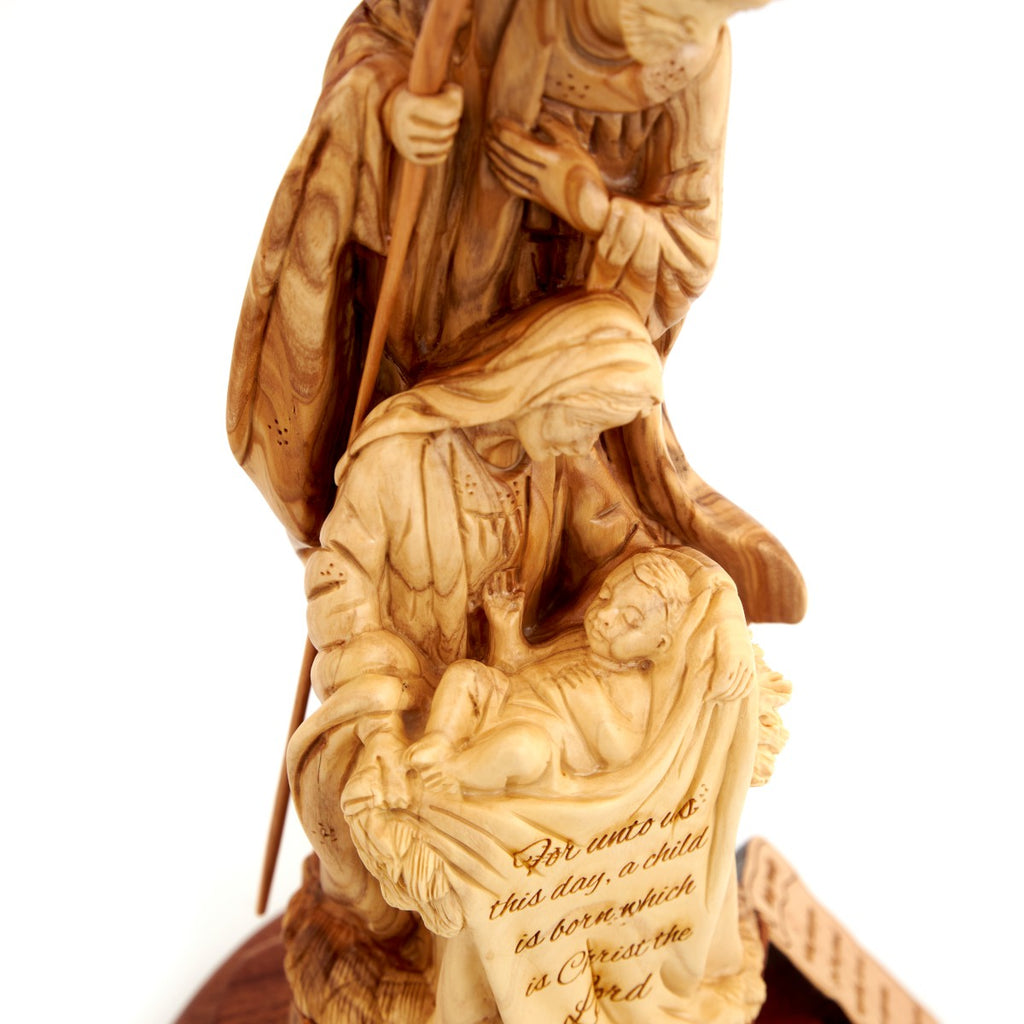 Olive wood nativity scene hand carved in Bethlehem, 11.4 inch three quarter view of the religious piece