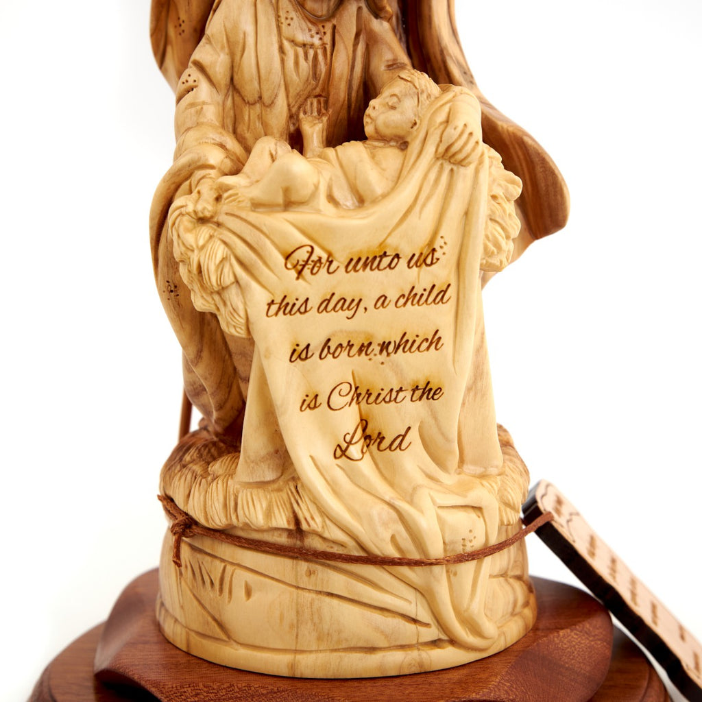 Olive wood nativity scene hand carved in Bethlehem, 11.4 inch close detail of the hand carved work