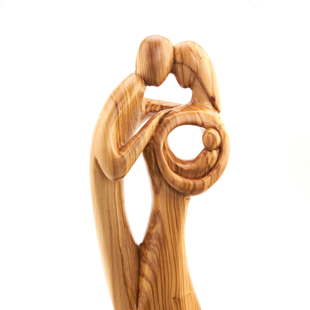 Holy Family olive wood statue hand carved in Bethlehem, 17.3 inch close detail of the hand carved work